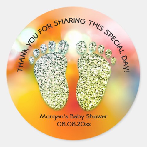Green Glitter Feet Baby Shower Thank Holographic Classic Round Sticker