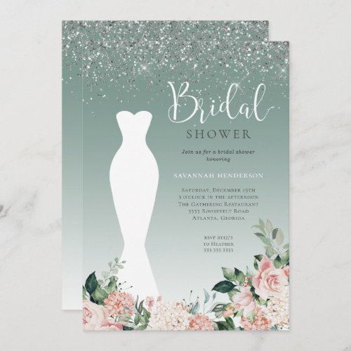 Green Glitter Floral Wedding Dress Bridal Shower Invitation