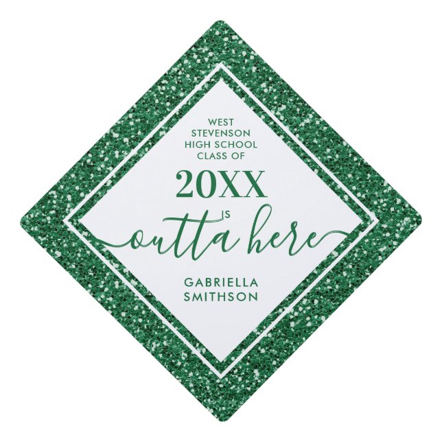 Green Glitter Funny Outta Here Printed Graduation Cap Topper (Front)