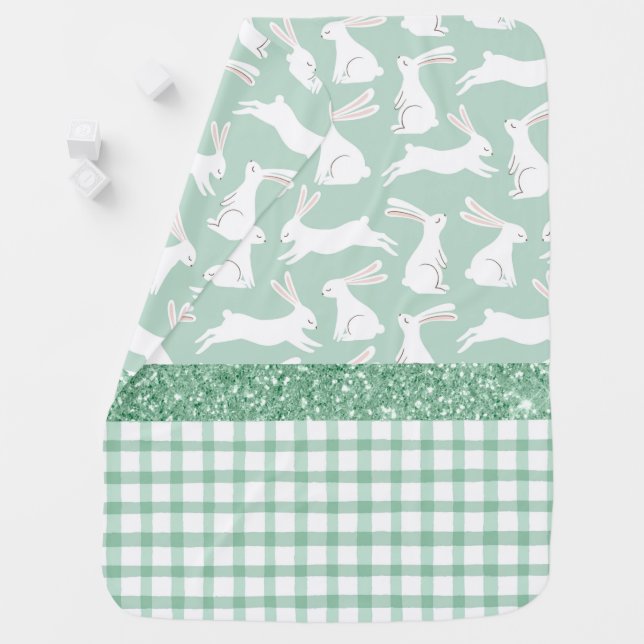 Green Glitter Gingham Plaid Rabbits  Baby Blanket (In Situ)