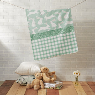 Green Glitter Gingham Plaid Rabbits Baby Blanket