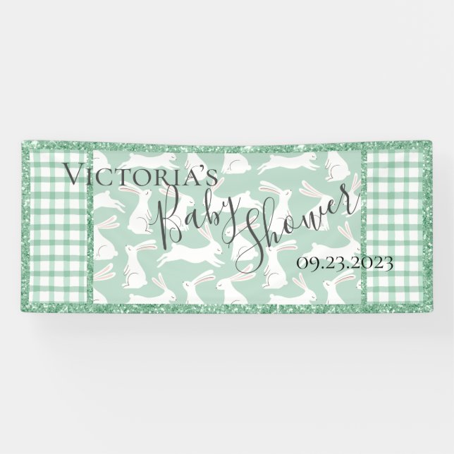 Green Glitter Gingham Plaid Rabbits Banner (Horizontal)