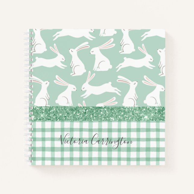 Green Glitter Gingham Plaid Rabbits Name  Notebook (Front)