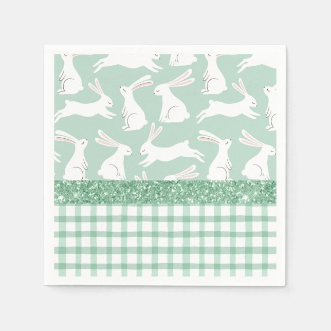 Green Glitter Gingham Plaid Rabbits Napkins (Front)