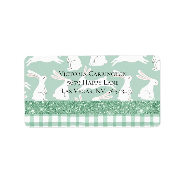 Green Glitter Gingham Plaid Rabbits Return Address Label (Front)