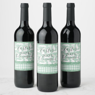 Green Glitter Gingham Plaid Rabbits Wine Label