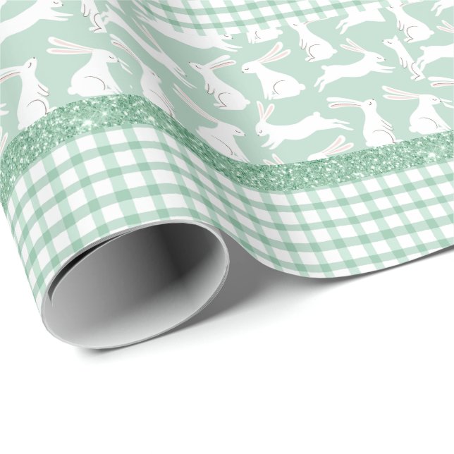 Green Glitter Gingham Plaid Rabbits Wrapping Paper (Roll Corner)