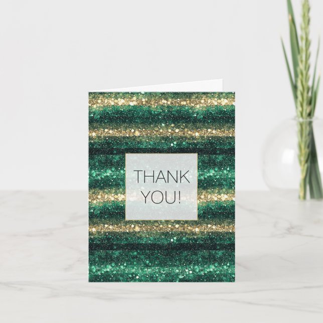 Green Glitter Glam Gold Stripes Thank you Card (Front)