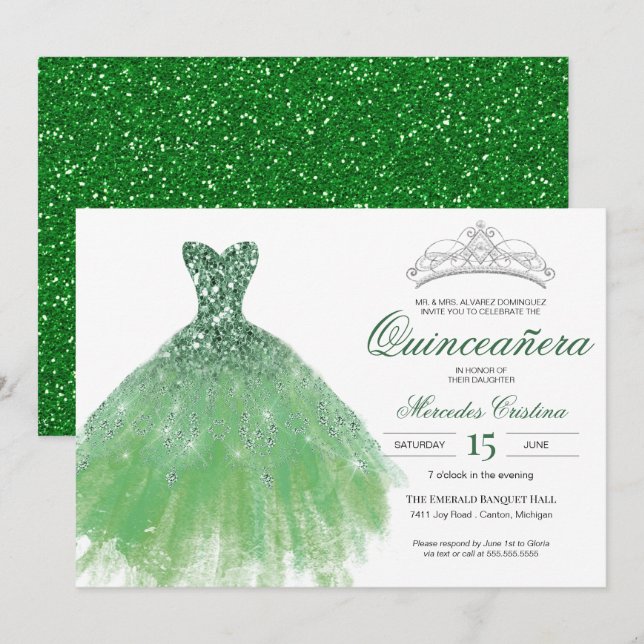 Green Glitter Glam Gown Quinceañera Invitation (Front/Back)