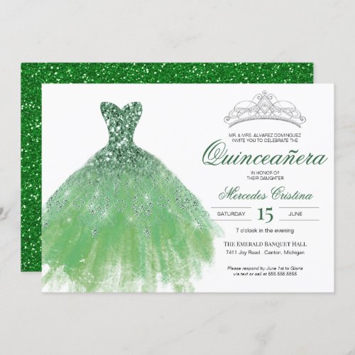Green Glitter Glam Gown Quinceaera Invitation