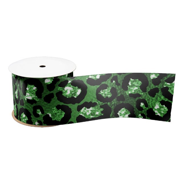 Green Glitter Glam Leopard Spots Pattern Satin Ribbon (Spool)