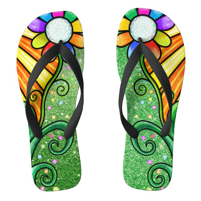 Green Glitter Glam - Retro Flower Sunshine Bee  Flip Flops (Footbed)