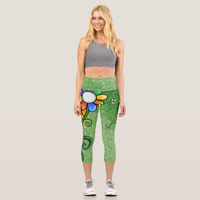Green Glitter Glam - Retro Flower, Sunshine, Bees Capri Leggings (Front)