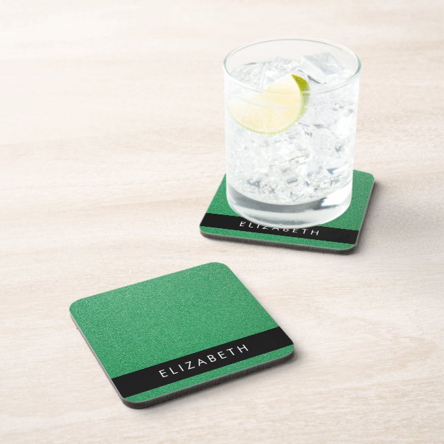 Green Glitter, Glitter Background, Your Name Beverage Coaster (Right Side)