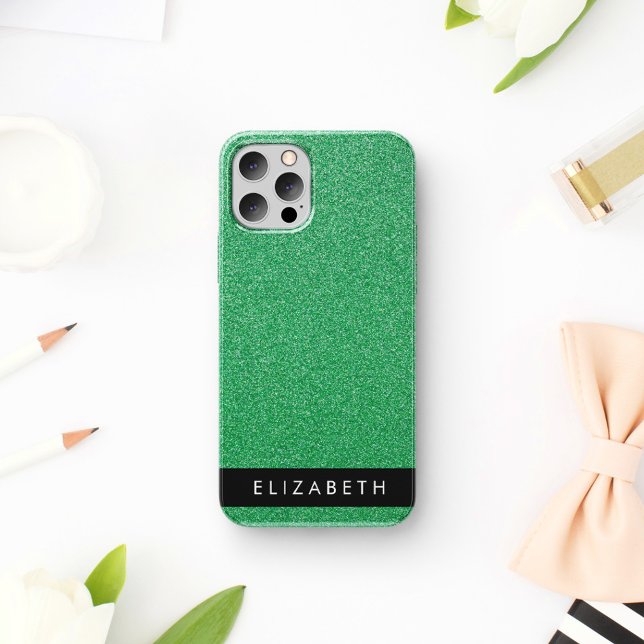 Green Glitter, Glitter Background, Your Name iPhone Case (Creator Uploaded)