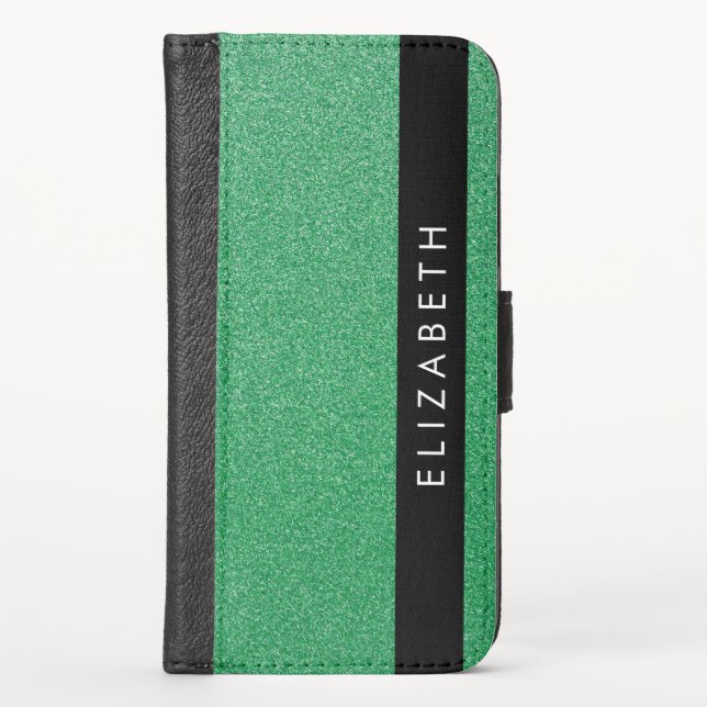 Green Glitter, Glitter Background, Your Name iPhone Wallet Case (Front)