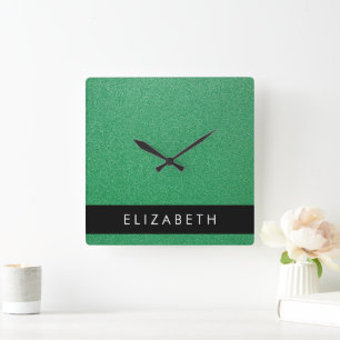 Green Glitter, Glitter Background, Your Name Square Wall Clock