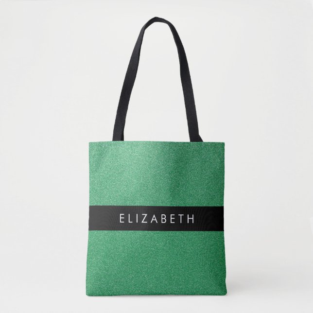Green Glitter, Glitter Background, Your Name Tote Bag (Front)