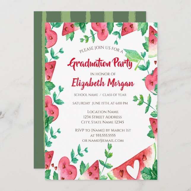 Green Glitter Grad Cap,Watermelon Graduation  Invitation (Front/Back)