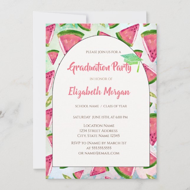 Green Glitter Grad Cap,Watermelons Graduation  Invitation (Front)