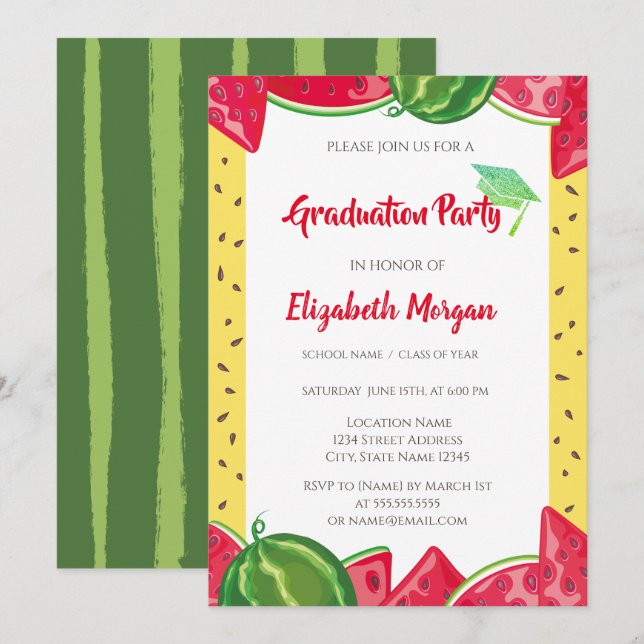 Green Glitter Graduation Cap,Watermelon Graduation Invitation (Front/Back)