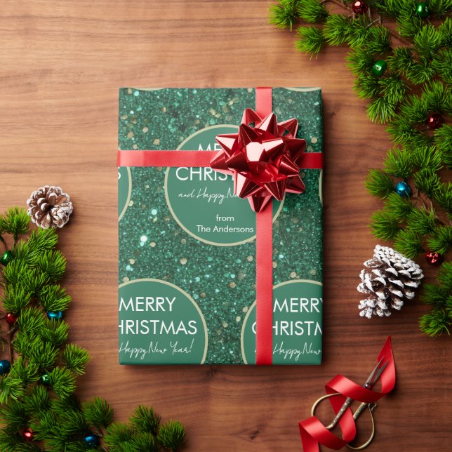 Green Glitter Happy New Year Merry Christmas  Wrapping Paper (Holiday Gift)