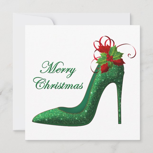 Green Glitter Heels Christmas Greeting Card (Front)