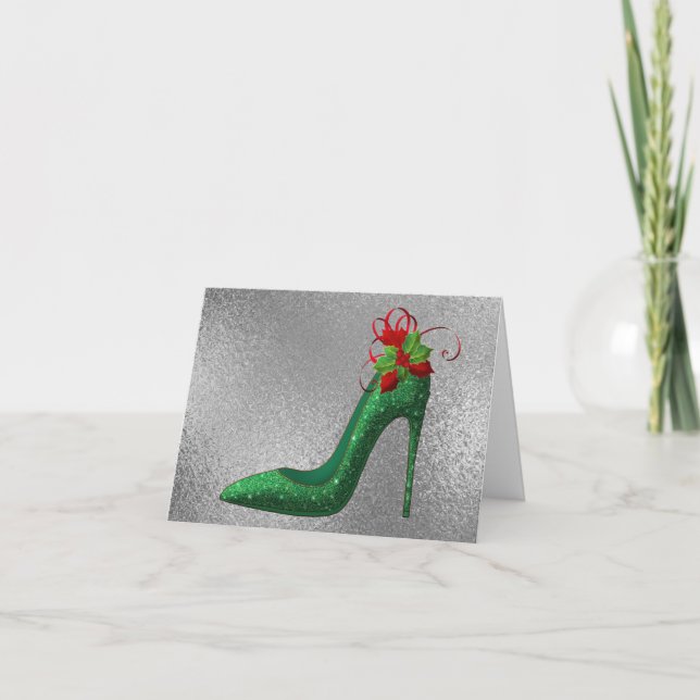 Green Glitter Heels Christmas Greeting Card (Front)