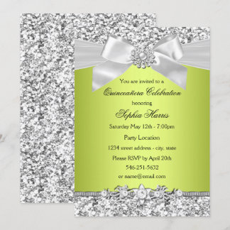 Green Glitter Jewel Bow Quinceanera Invitation