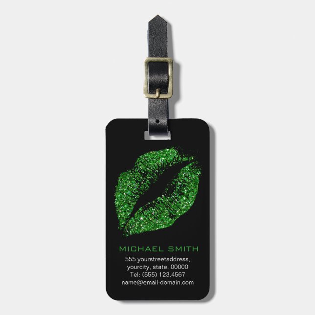Green Glitter Lips Luggage Tag (Front Vertical)