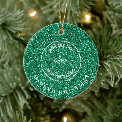 Green Glitter Logo Company Name Merry Christmas Ceramic Ornament