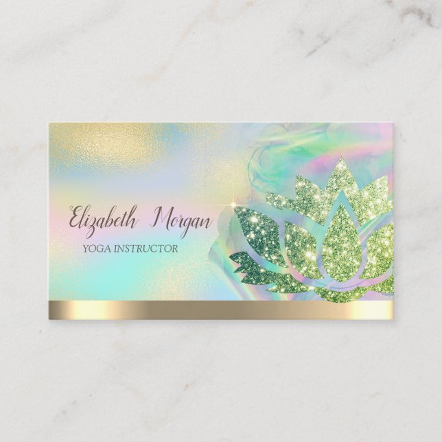 Green Glitter Lotus Holographic Ink  Yoga  Business Card (Front)
