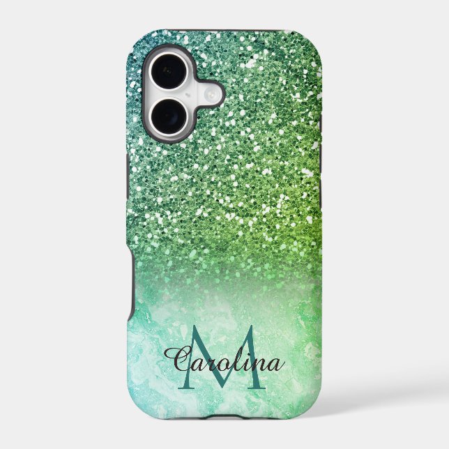 Green Glitter, Marble, Personalized Iphone Case (Back)