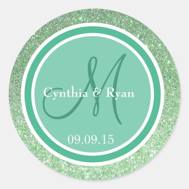 Green Glitter & Mint Wedding Monogram Classic Round Sticker (Front)