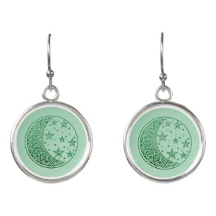 Green Glitter Moon and Stars Mandala Earrings
