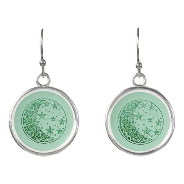 Green Glitter Moon and Stars Mandala Earrings (Front)