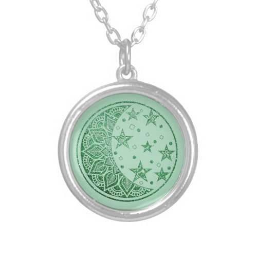Green Glitter Moon and Stars Mandala Silver Plated Necklace