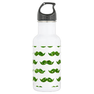 Green Glitter Mustache Pattern Printed Water Bottle
