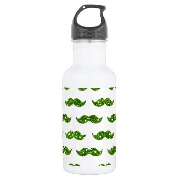 Green Glitter Mustache Pattern Printed Water Bottle by GraphicsByMimi at Zazzle
