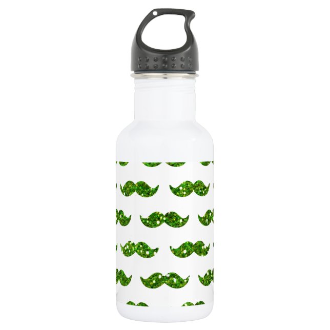 Green Glitter Mustache Pattern Printed Water Bottle (Front)