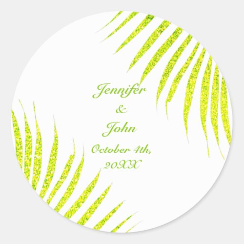 Green Glitter Palm Leaf White Tropical Wedding Classic Round Sticker