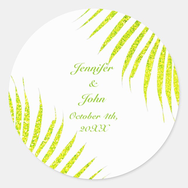 Green Glitter Palm Leaf White Tropical Wedding Classic Round Sticker (Front)