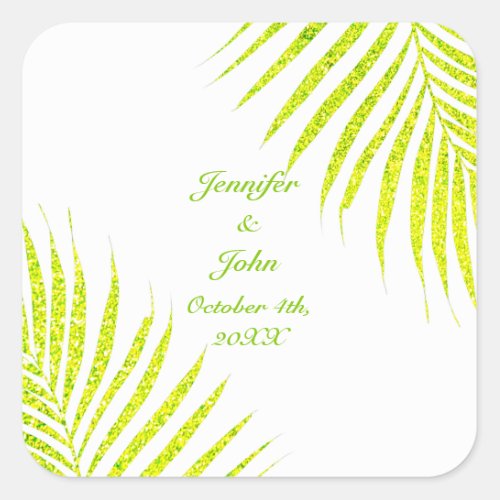 Green Glitter Palm Leaf White Tropical Wedding Square Sticker