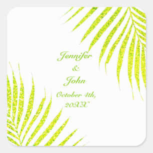 Green Glitter Palm Leaf White Tropical Wedding Square Sticker