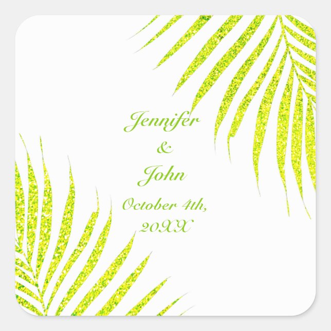 Green Glitter Palm Leaf White Tropical Wedding Square Sticker (Front)