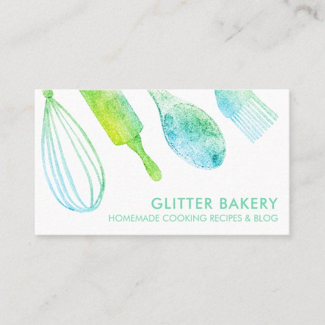 Green Glitter pastry bakery cook Caterer Business Card (Front)