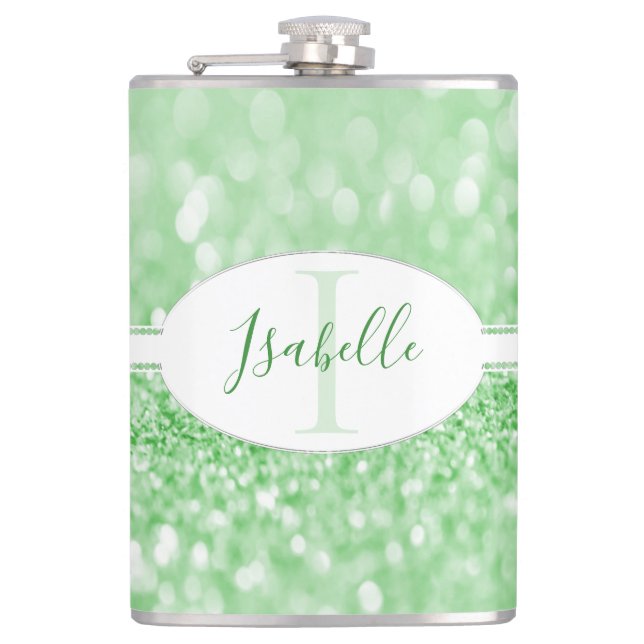 Green Glitter Personalize Flask (Front)