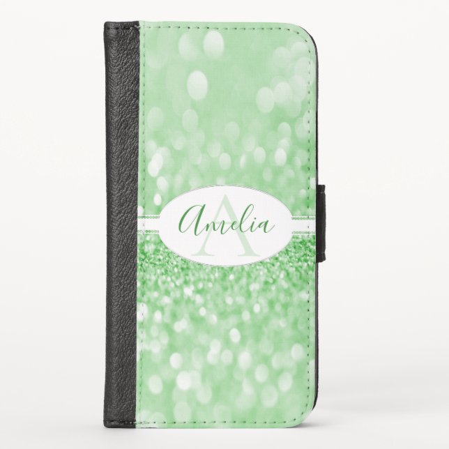 Green Glitter Personalized iPhone Wallet Case (Front)