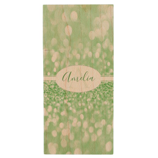 Green Glitter Personalized USB Wooden Flash Drive (Front Vertical)
