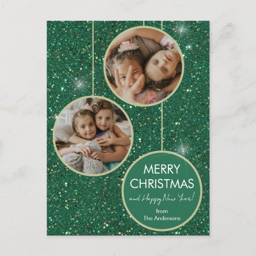 Green Glitter Photo Merry Christmas Holiday Postcard